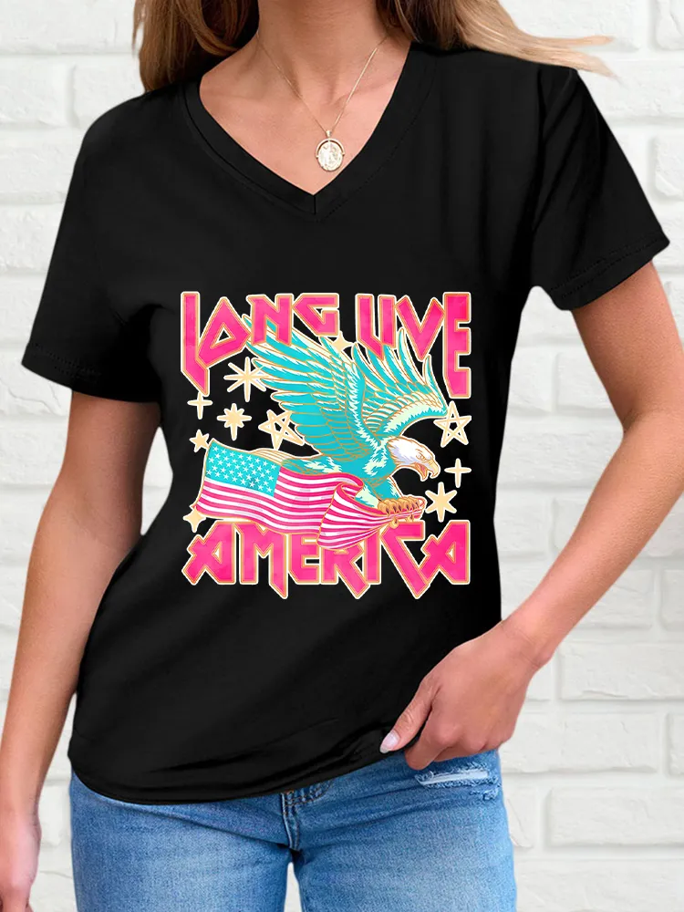 Woman'S America V-Neck And Short Sleeves T-Shirt