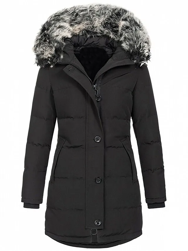 Women's Parka Puffer Jacket Winter Coat Zip up Hooded Coat with Fur Collar Thermal Warm Heated Coat Fall Outerwear with Pockets Classic Long Sleeve Black White