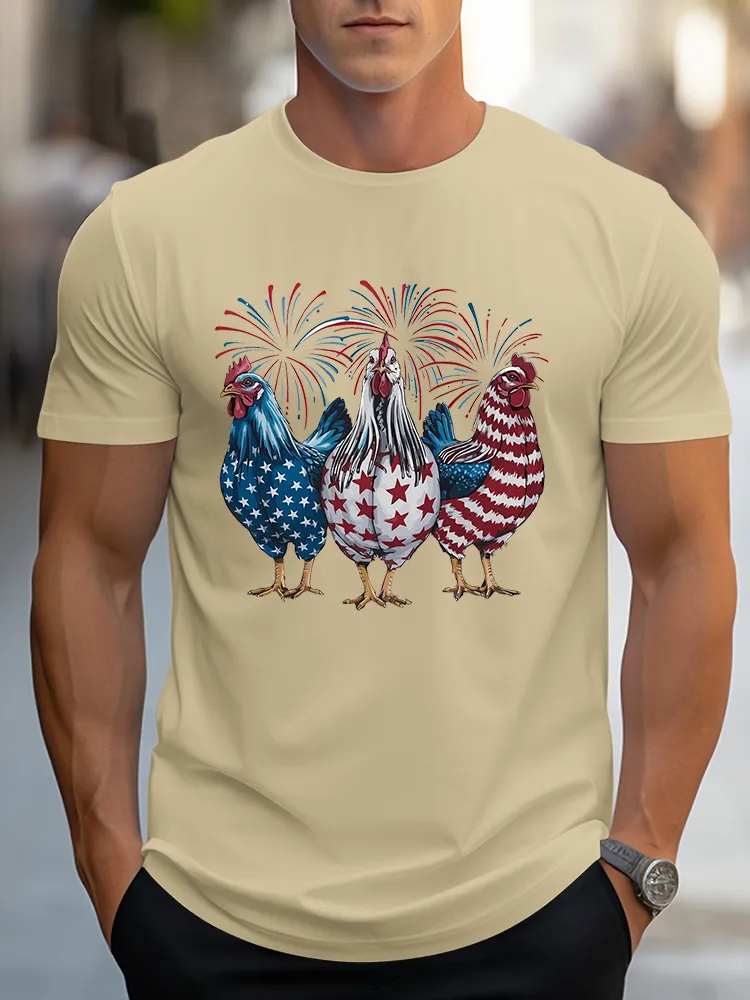 Man'S Independence Day Fireworks Rooster T-Shirt With Round-Neck And Short Sleeves