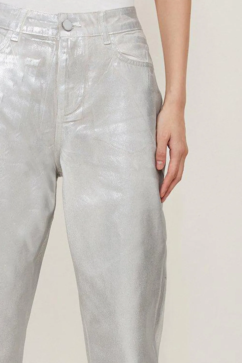 High Rise Slim Leg Silver Foiled Trouser