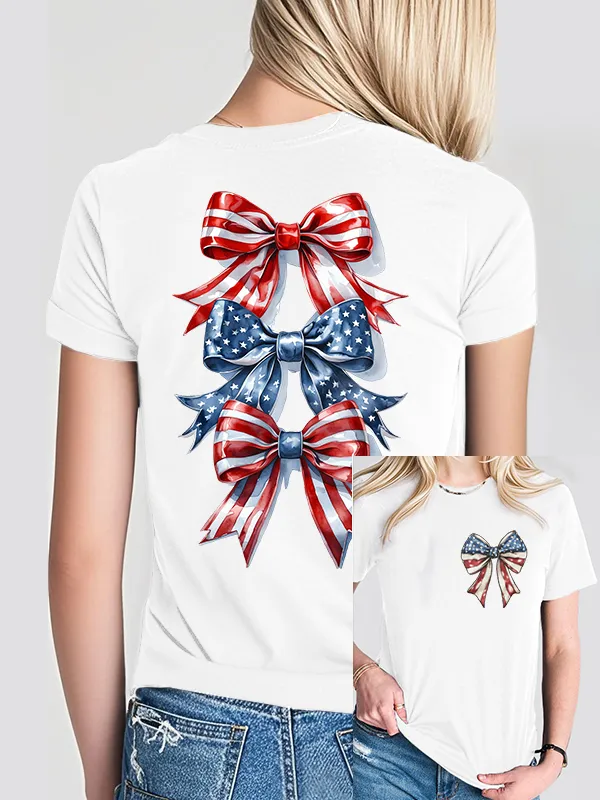 Woman'S Independence Day Bow Print Short-Sleeved T-Shirt