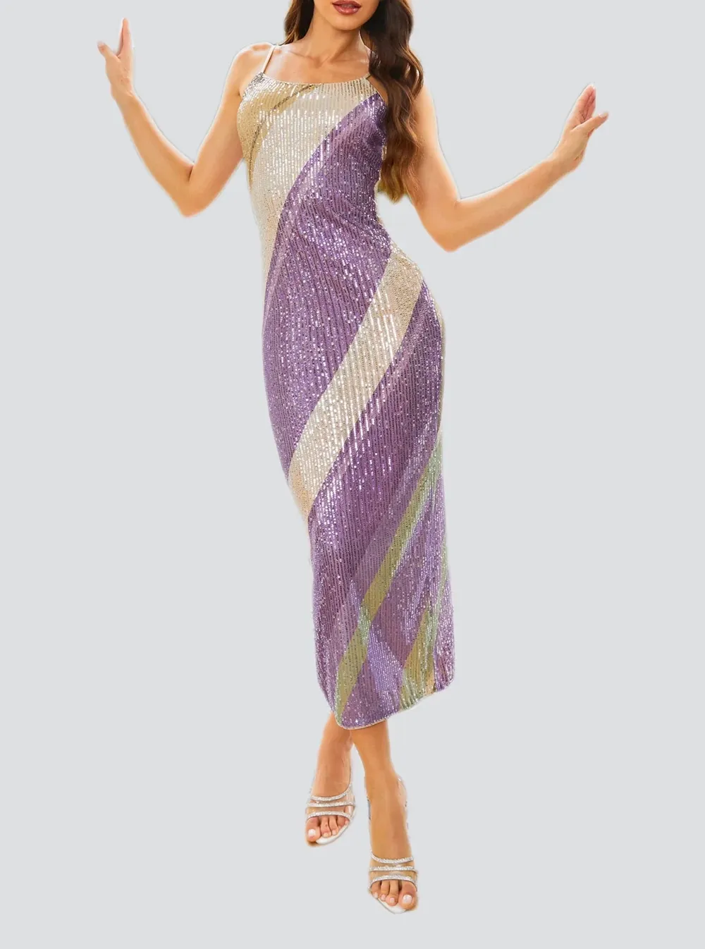 Spaghetti Straps Sequin Purple Midi Dress