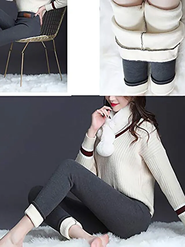 Women‘s Fleece Lineds Leggings Warm Micro-elastic High Waist Basic Casual Daily Black Gray S M Fall & Winter