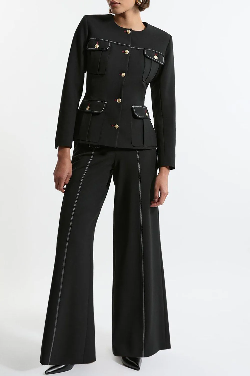 Compact Stretch Tailored Flared High Waisted Trousers