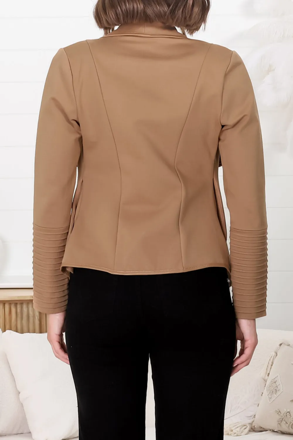 Camel Draped Open Front Jacket