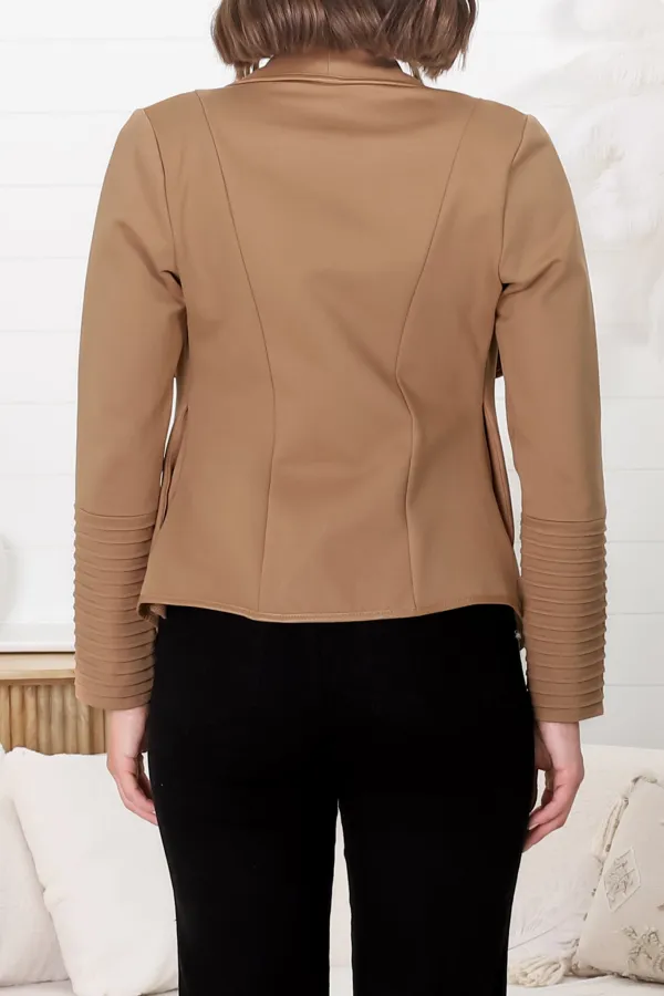 Camel Draped Open Front Jacket