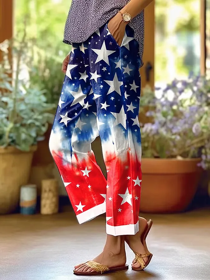 Women's Independence Day Print Casual Pants (With Pockets)