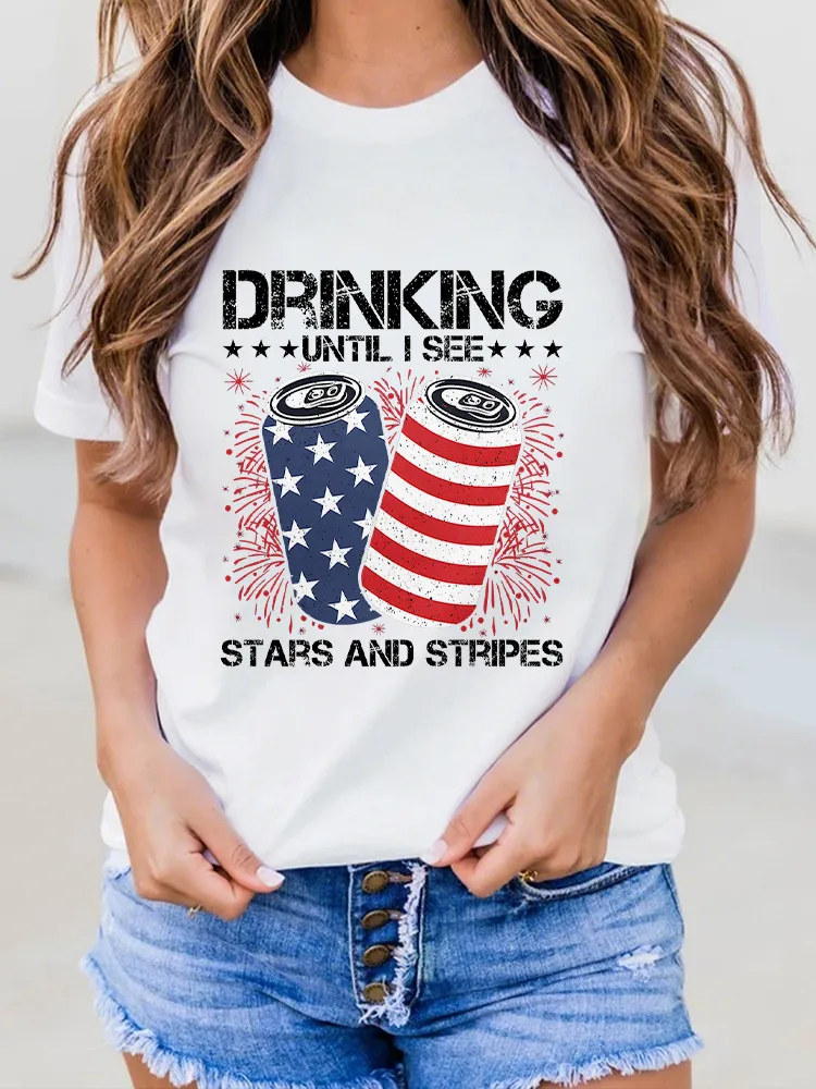 Woman'S Drinking Until I See Stars And Stripes Round-Neck Short-Sleeved T-Shirt
