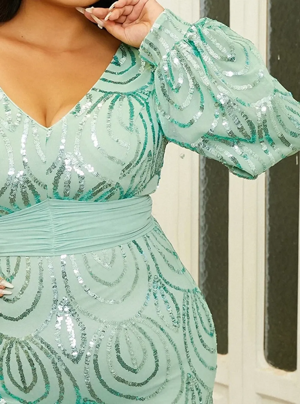 Formal Draping Sequin Long Sleeve Dress