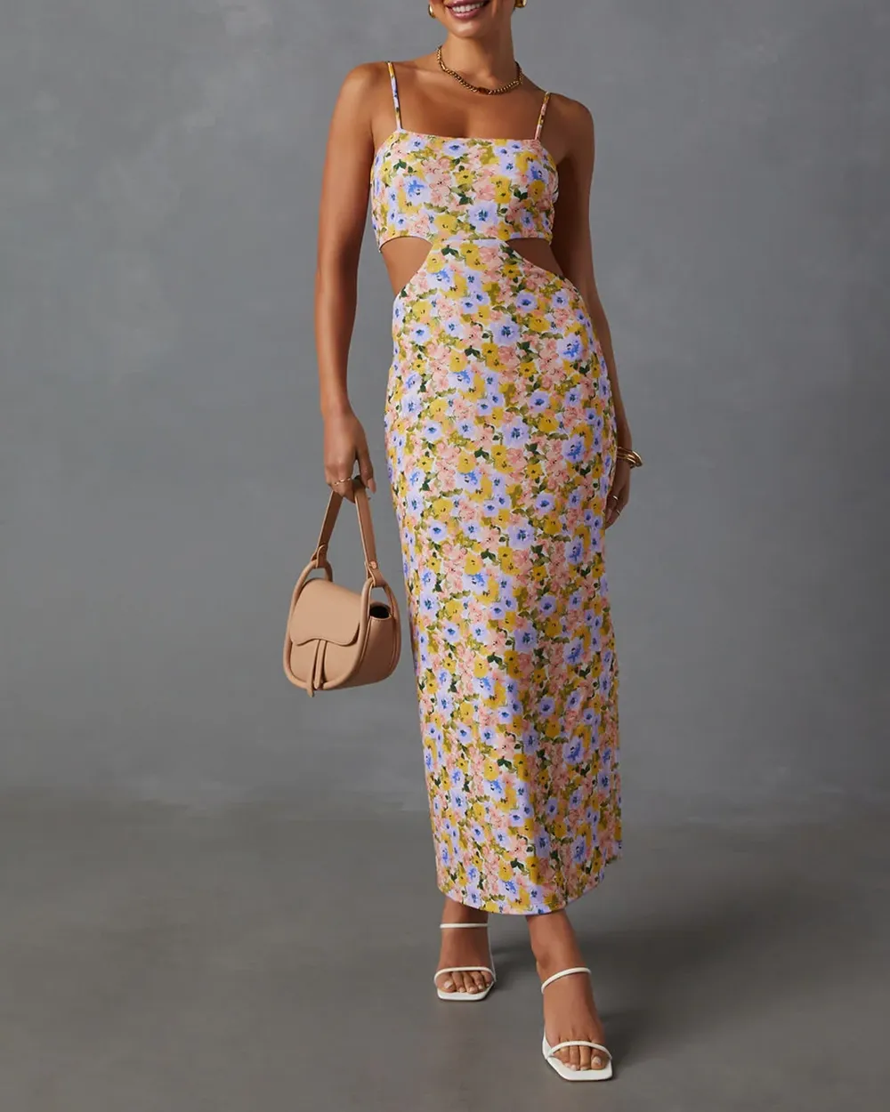 Sleeveless Side Cutout Floral Print Midi Dress