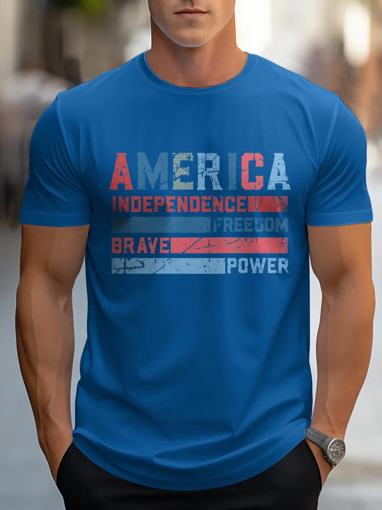 Man'S America Independence Freedom Brave Power Round-Neck Short-Sleeved T-Shirt