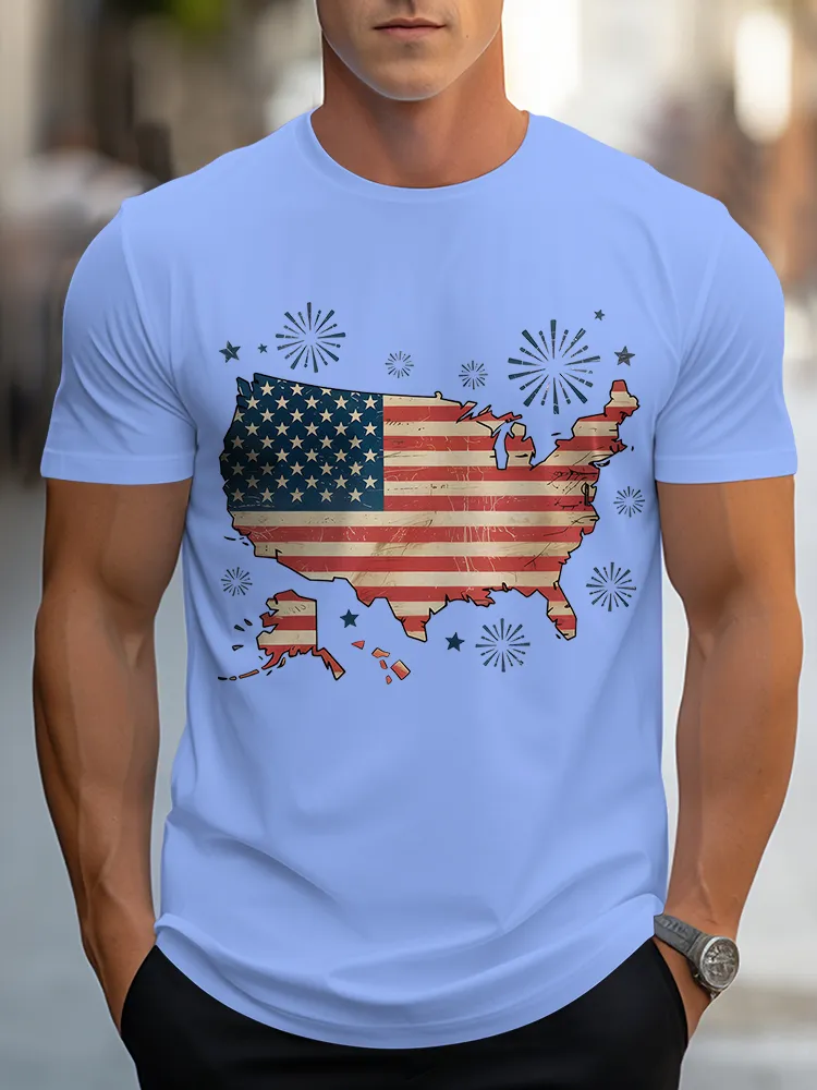 Man'S Fireworks And National Flag Round-Neck Short-Sleeved T-Shirt