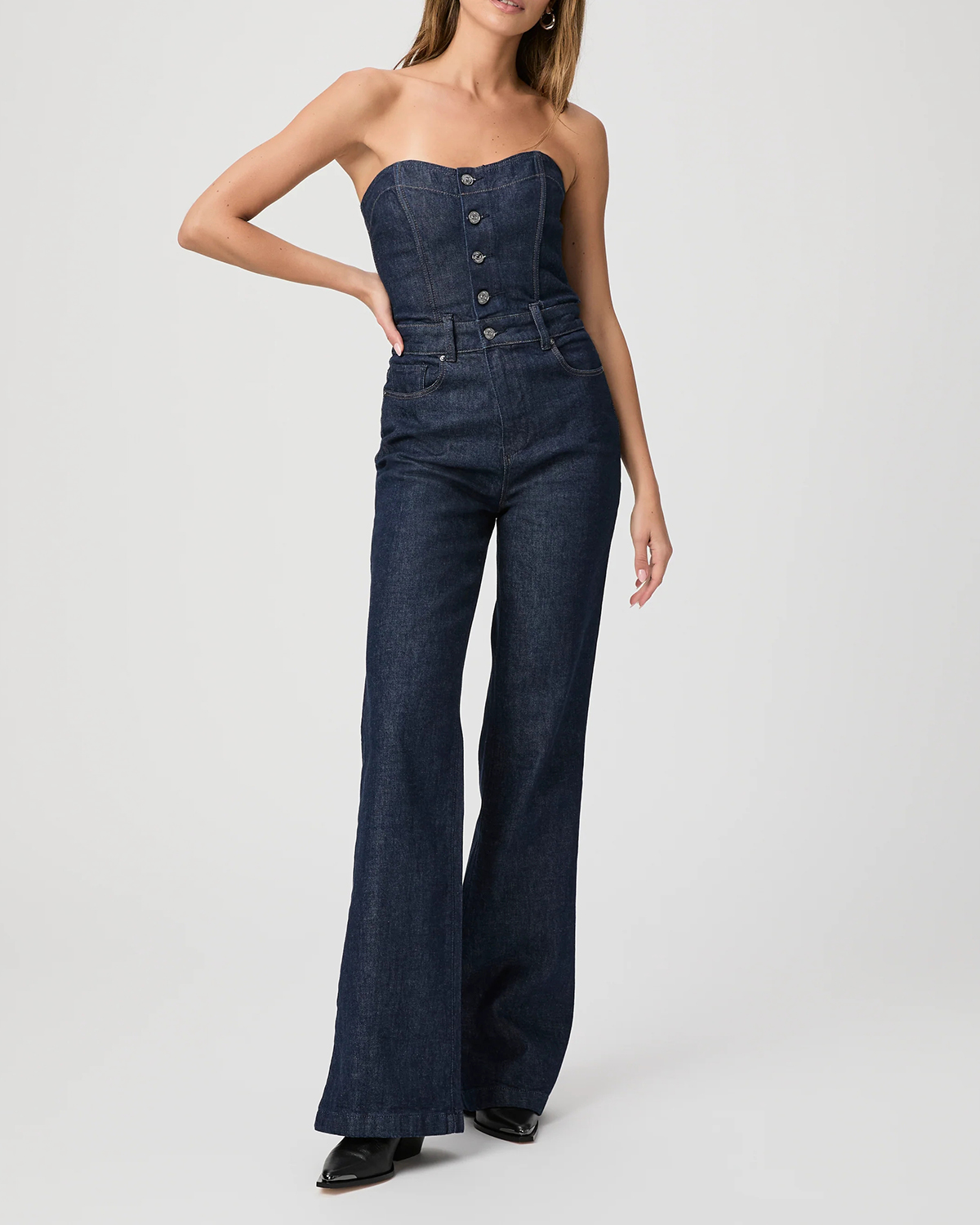 Dark Blue Denim Strapless Flared Jumpsuit
