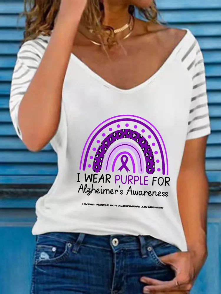 Women'S I Wear Purple For Alzheimer'S Awareness V-Neck Short-Sleeved T-Shirt
