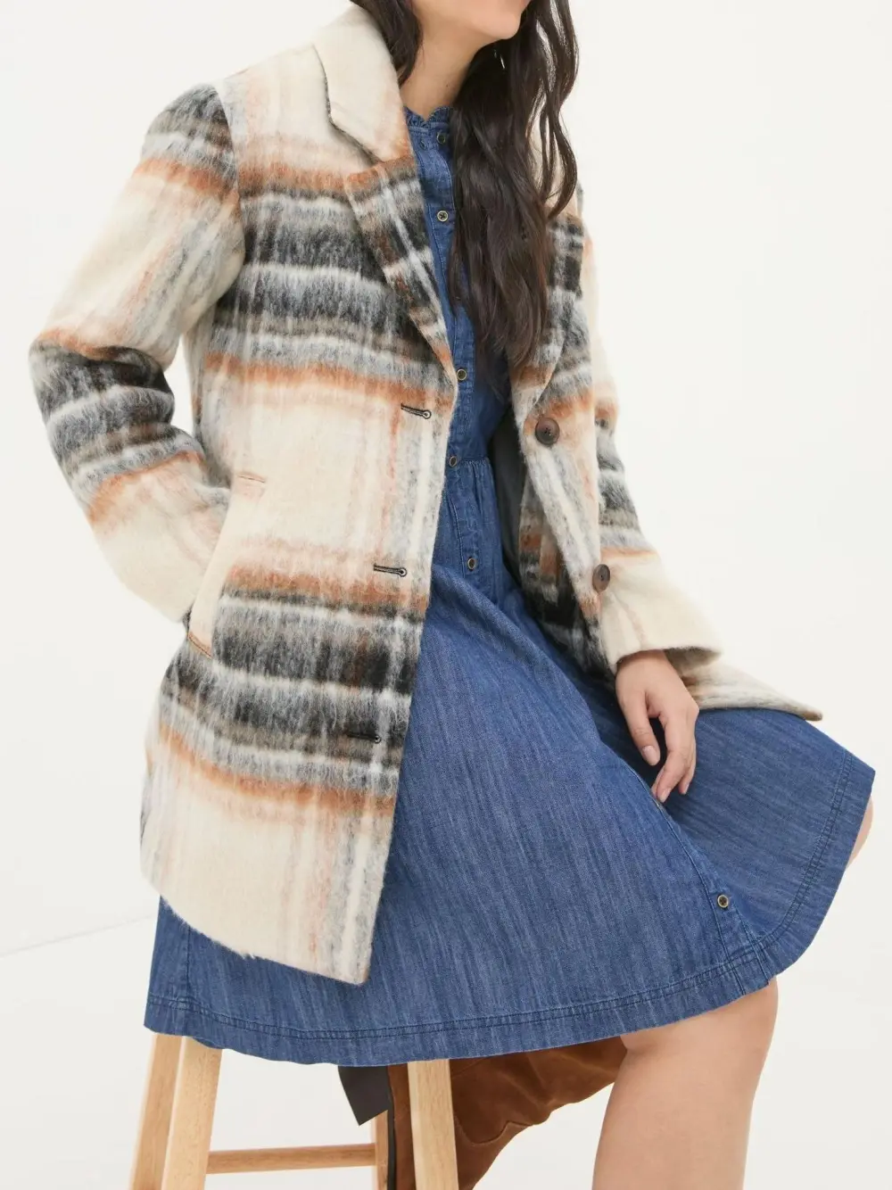 Brown Plaid Wool Blend Coat
