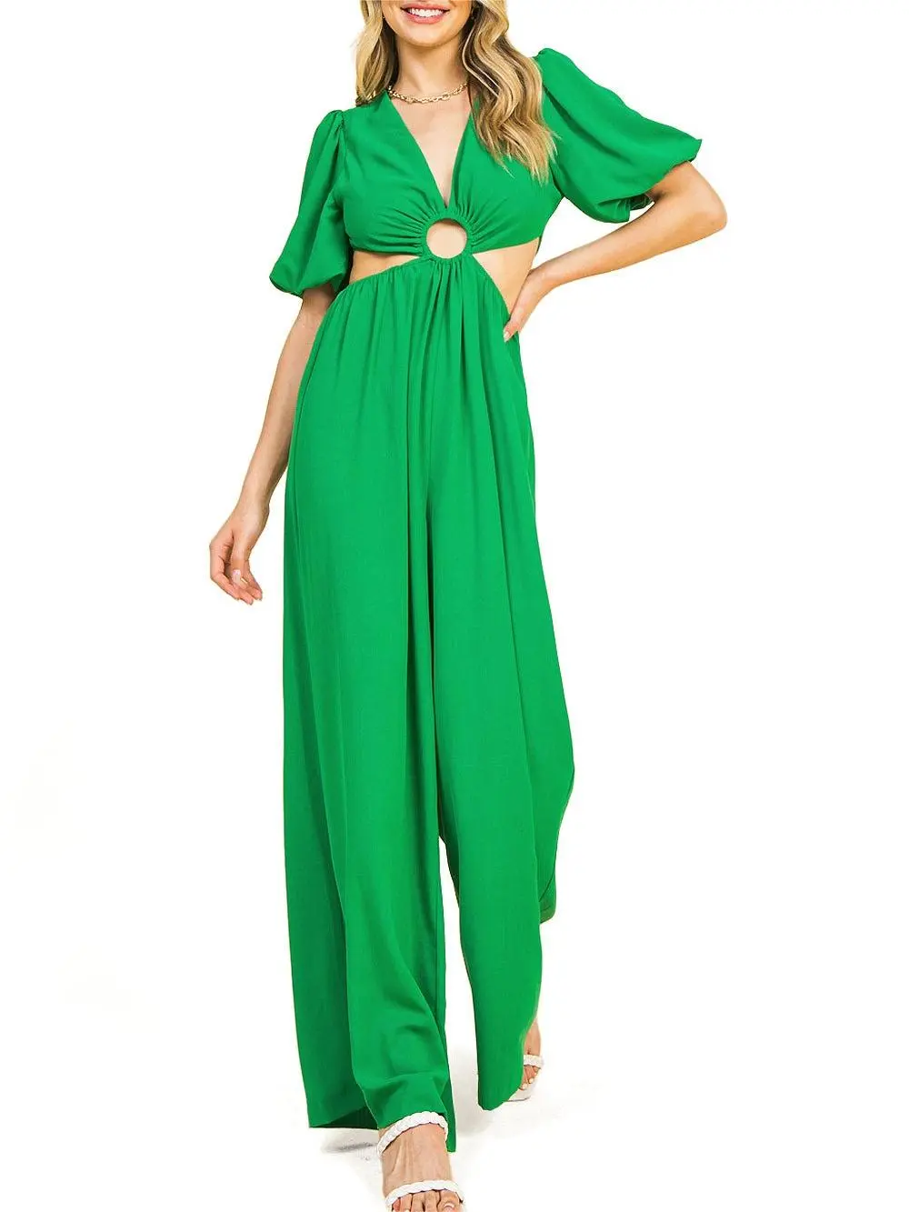 Emerald Green Cut - Out Puff - Sleeve Jumpsuit
