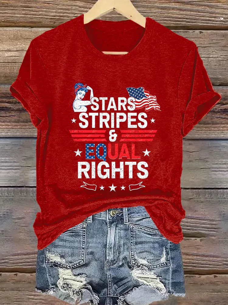 Woman'S Stars Stripes And Equal Rights Crew Neck Short Sleeve T-Shirt