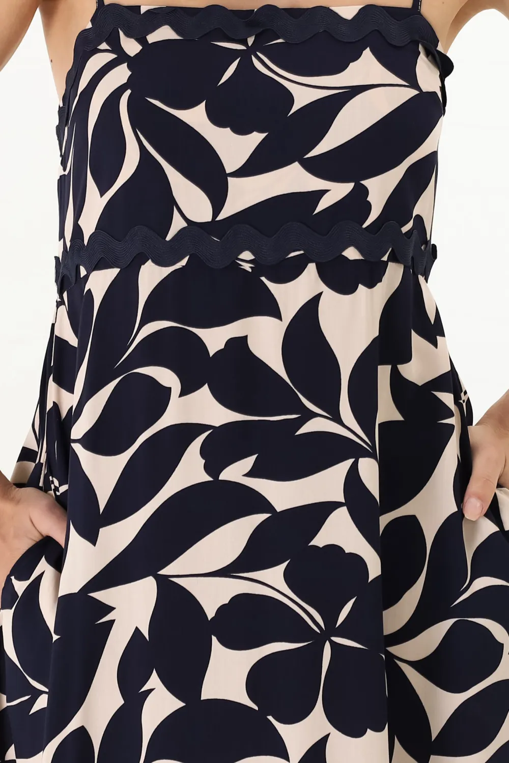 Navy Blue Leaf Print Asymmetric Midi Dress