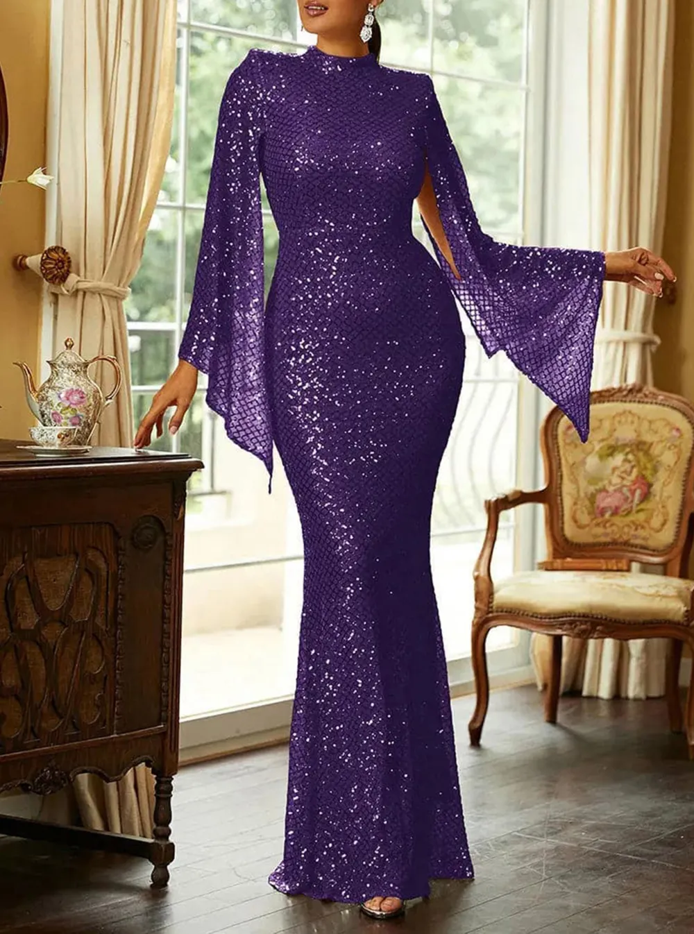 Glitter Bell Sleeve Mermaid Dress