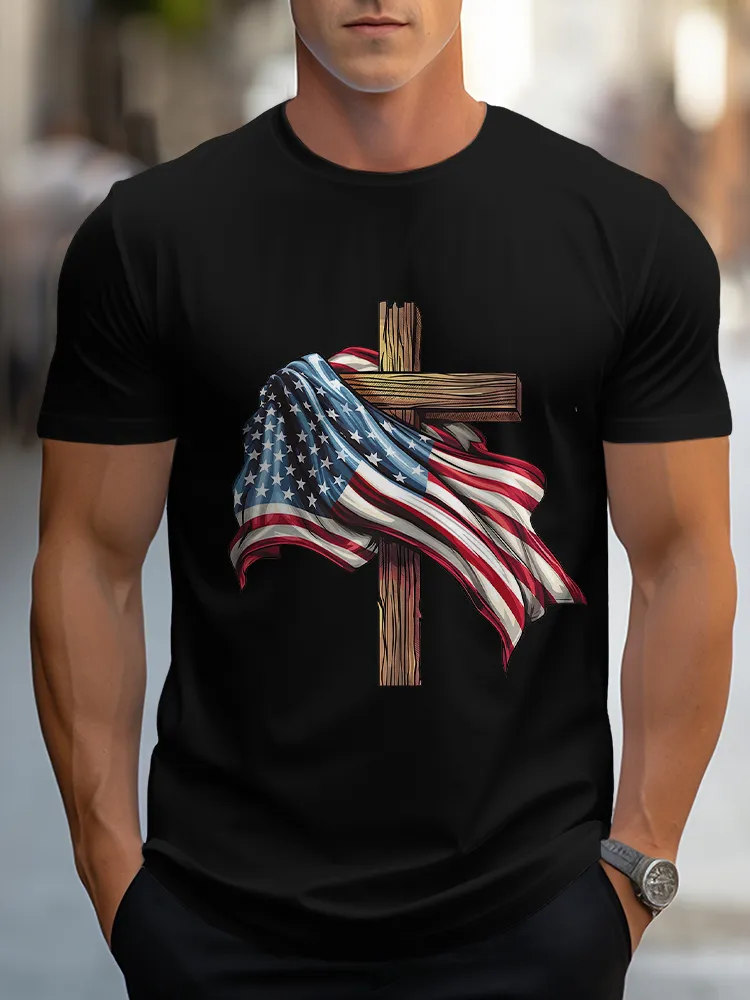 Man'S The Stars And Stripes Cross Print Round-Neck Short-Sleeved T-Shirt