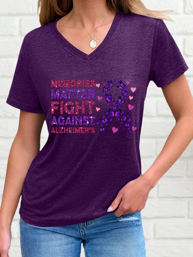 Women'S V-Neck Short-Sleeved T-Shirt Memories Matter Fight Against Alzheimer'S Prints
