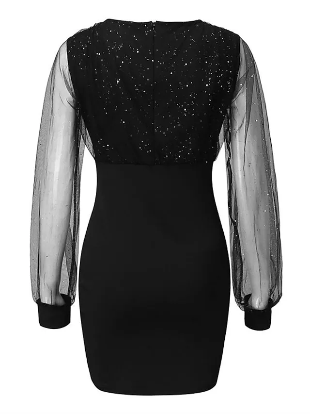 Women‘s Little Black Dress Sexy Dress Party Dress Homecoming Dress Sheath Dress Mini Dress Wine Purple Long Sleeve Mesh Dress Spring Fall Winter V Neck Fashion Party Wedding Guest