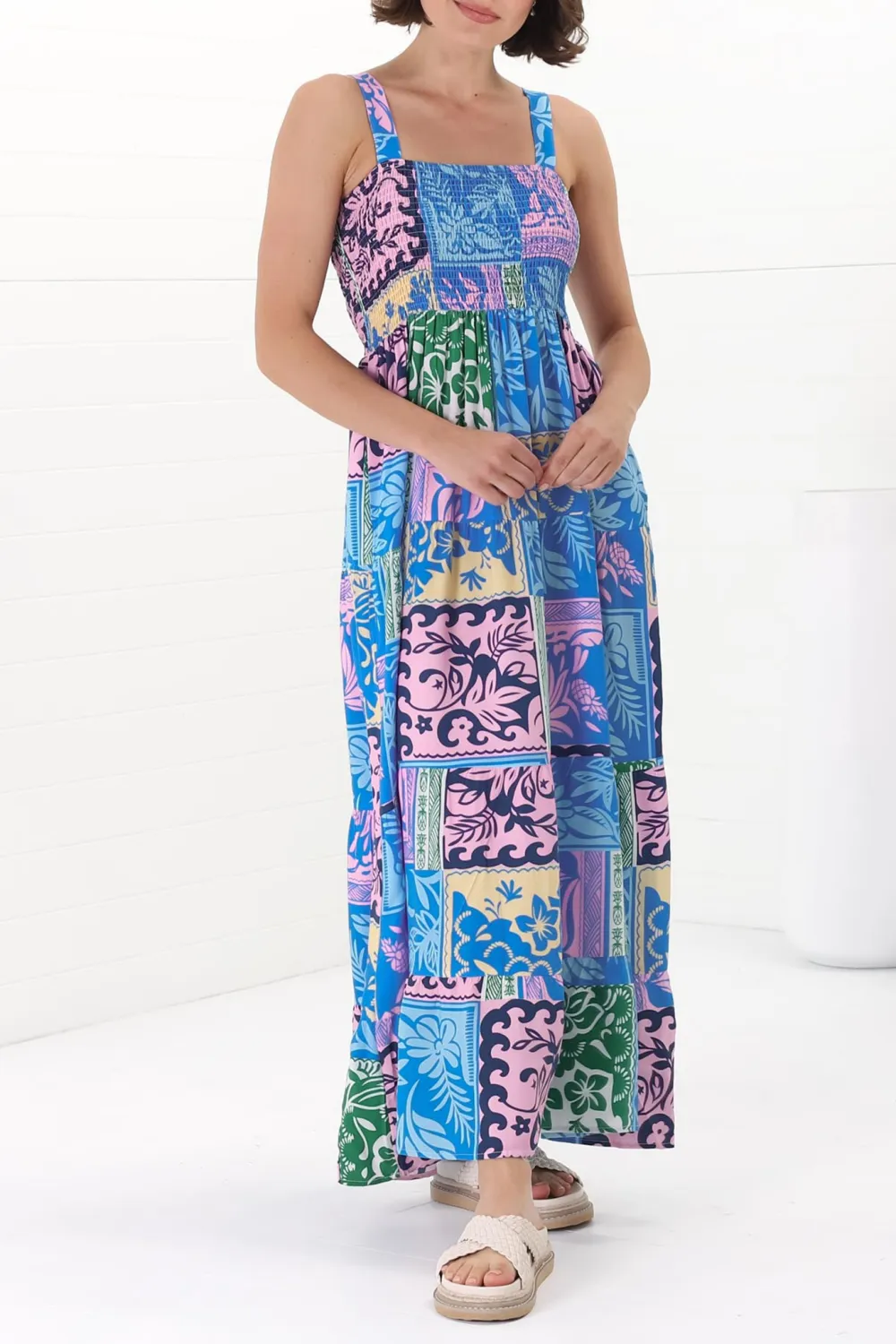 Blue Patchwork Print Strapless Maxi Dress