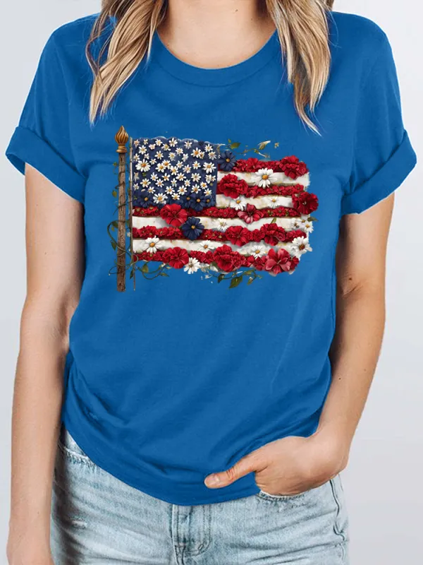 Woman'S Independence Day Floral Flag Print Short-Sleeved T-Shirt