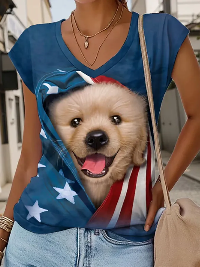 Woman'S Dog Print V-Neck Short-Sleeve T-Shirt