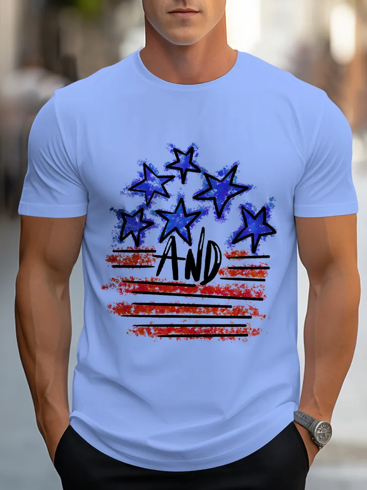 Man'S Star And Striped Prints Round-Neck Short-Sleeved T-Shirt