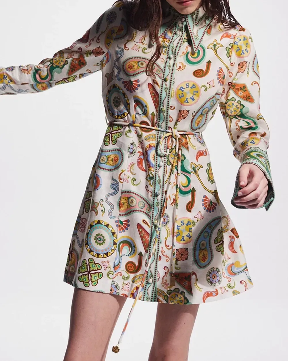 Bell Sleeve Waist Shirt Dress
