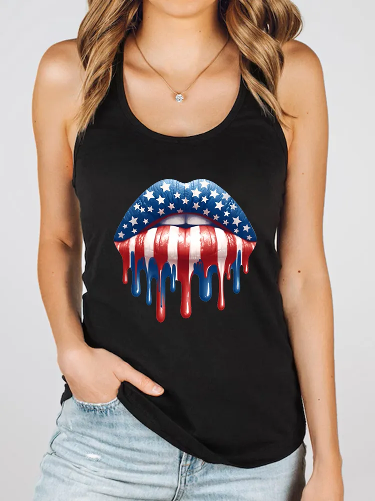 Women'S Star-Striped Lip Print Round-Necked Sleeveless Vest