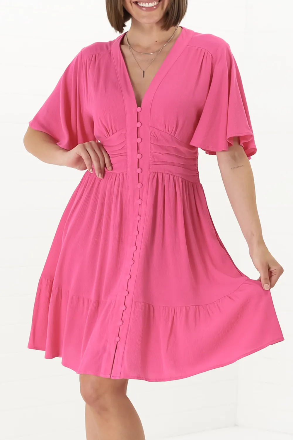 Pink V Neck Button Front Dress