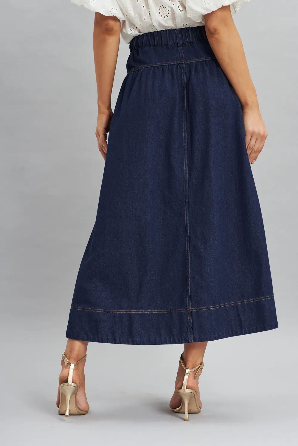 Navy Blue Button Front Denim Midi Skirt