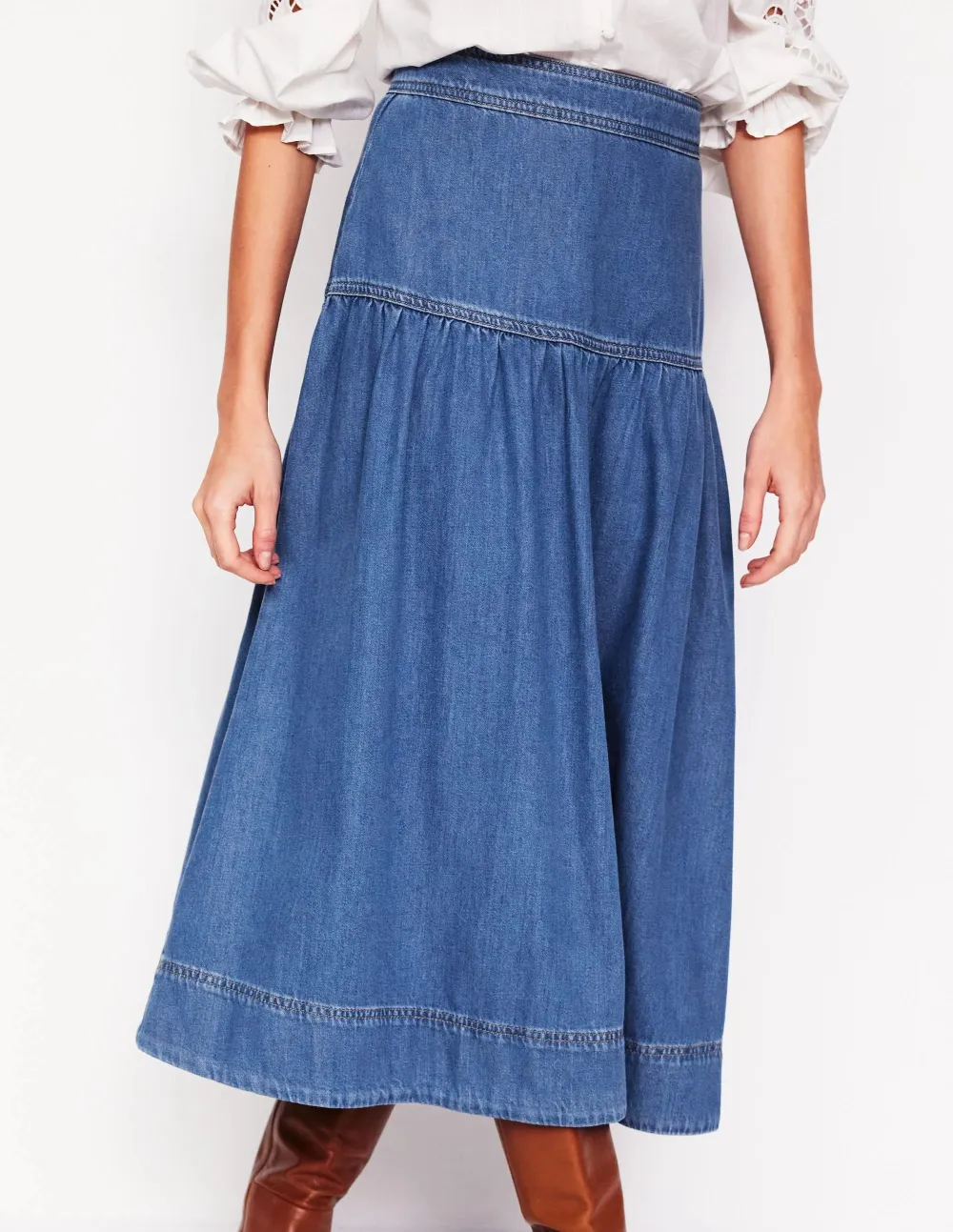 Blue Denim Tiered Midi Skirt