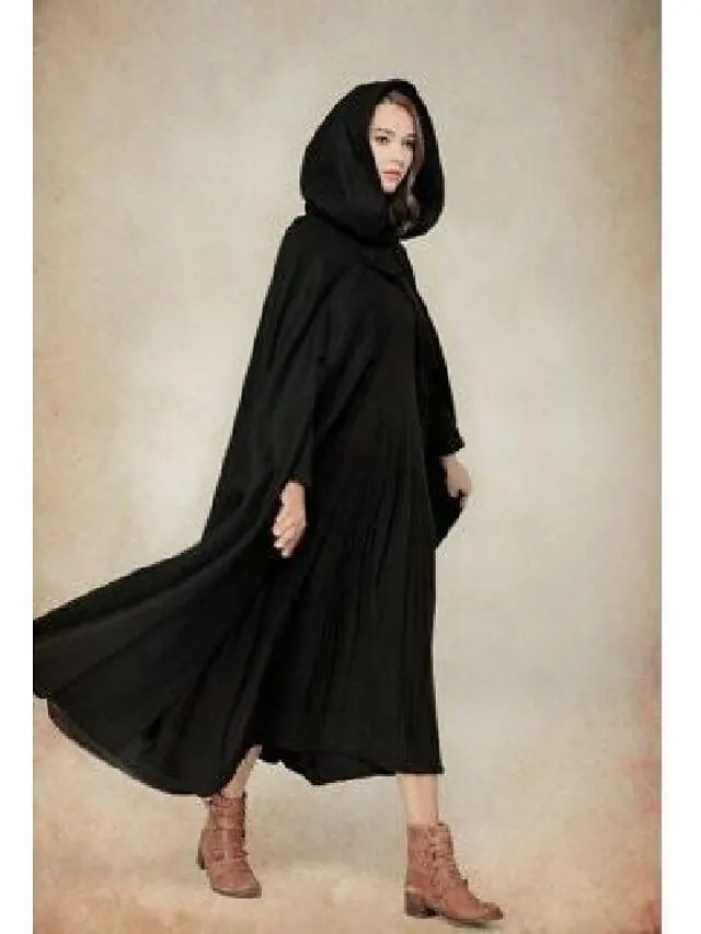 Women's Winter Coat Cloak / Halloween Xmas Capes Long Layered Coat Warm Windproof Overcoat Fall Single Breasted Hooded Coat Green Black Blue Gray Christmas Crewneck S M L XL / Winter