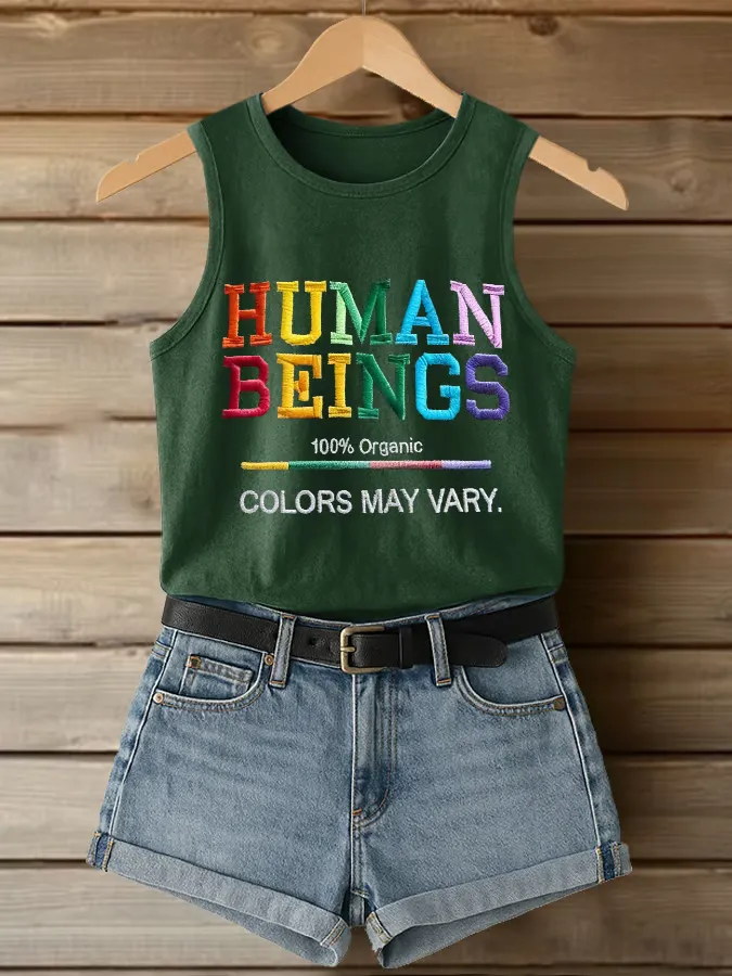 Retro Human Beings 100% Organic Colors May Vary Human Rights Equality Pride Print Tops Tank