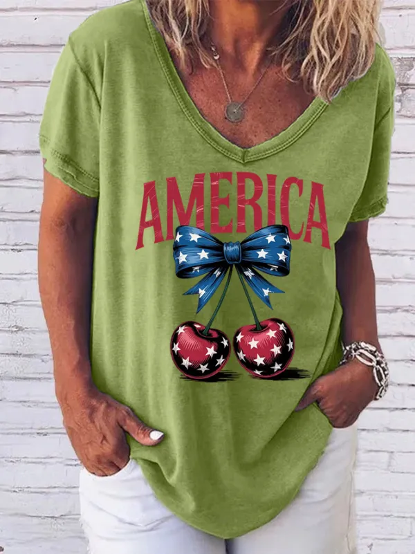 Woman'S Independence Day V-Neck And Short Sleeves T-shirt