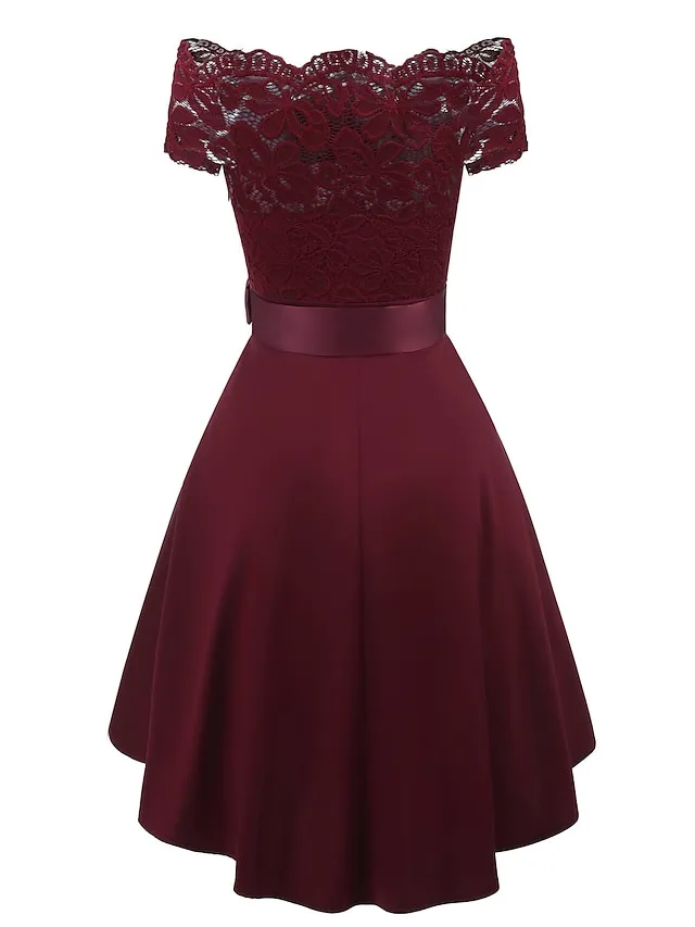 Women's Black Dress Party Dress Lace Dress Knee Length Dress White Pink Wine Short Sleeve Pure Color Lace Summer Spring Fall Off Shoulder Elegant Party Wedding Guest Birthday 2022 S M L XL XXL