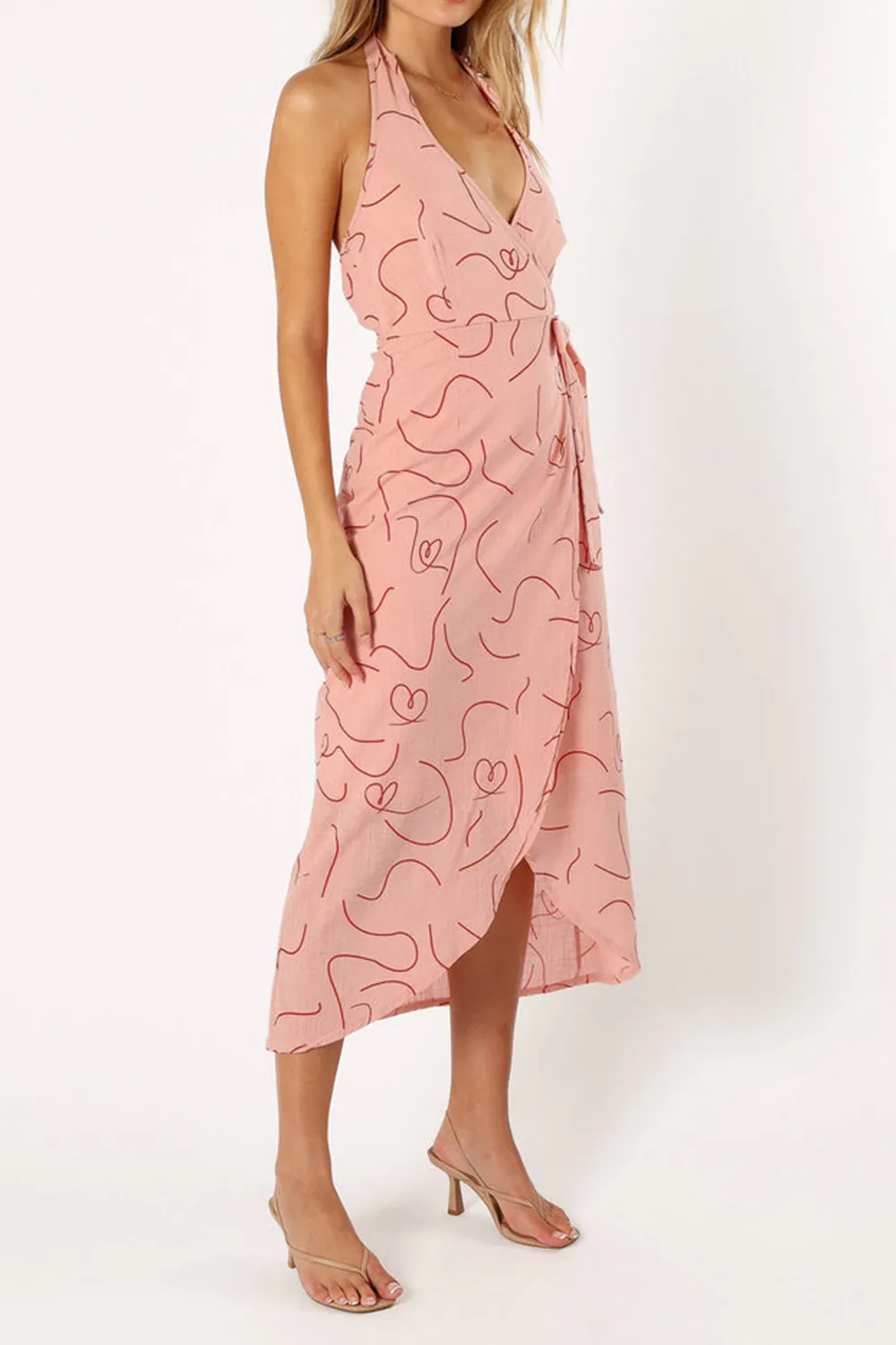STRIPED PRINT WRAP MIDI  DRESS