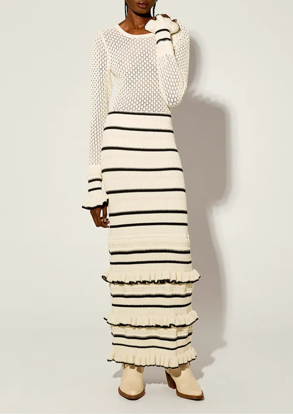 Crochet Knit Striped Ruffled Maxi Dress