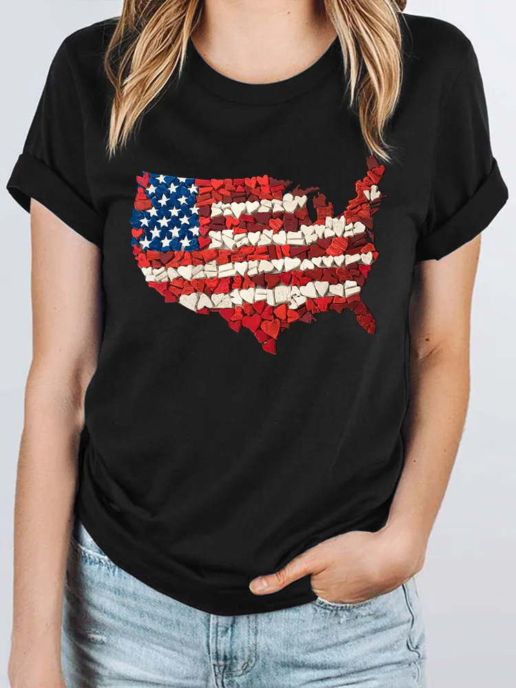 Woman'S Independence Day Love Map Print Short-Sleeved T-Shirt