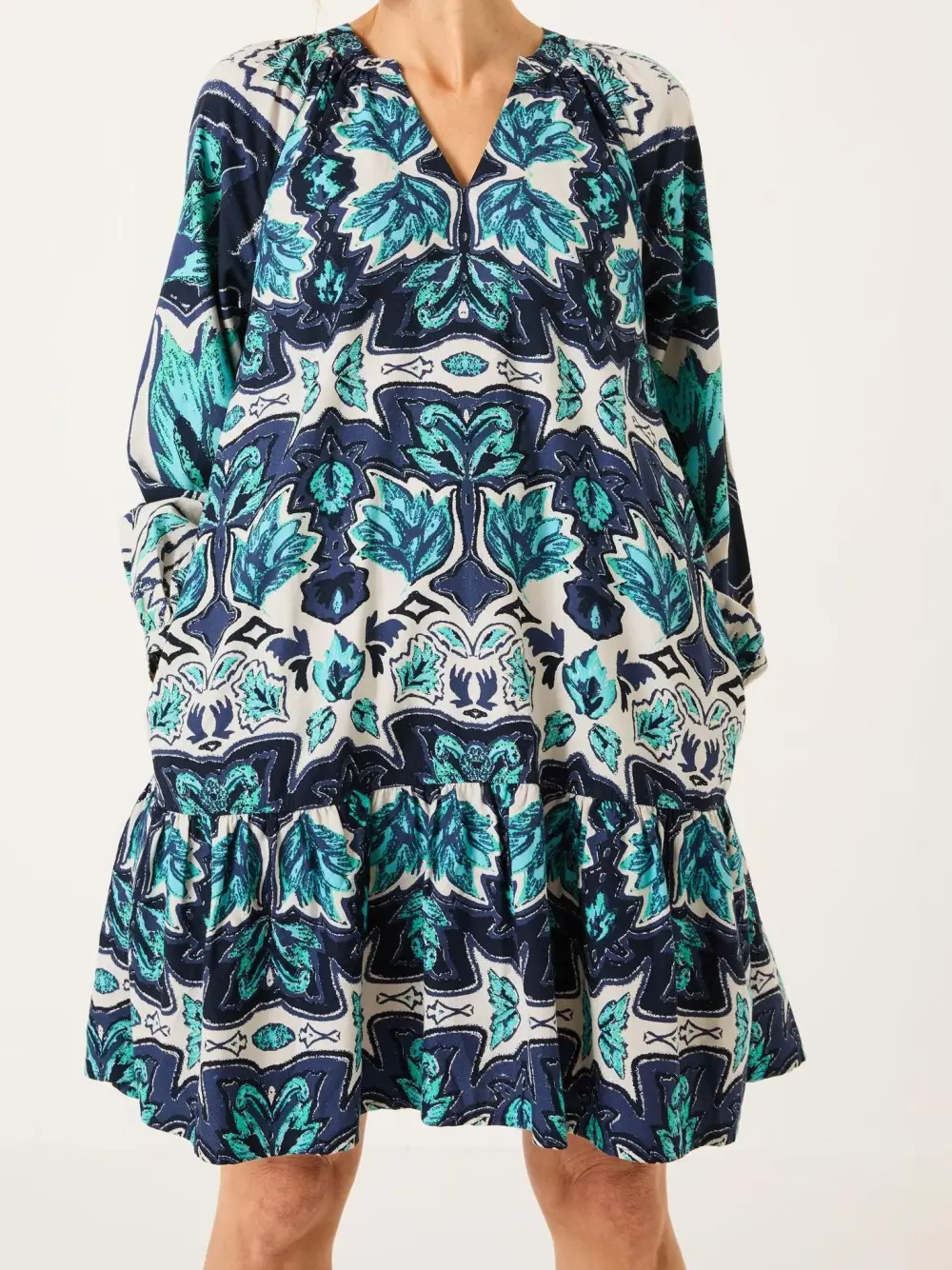 Green Floral Mirrored Long Sleeve Mini Dress