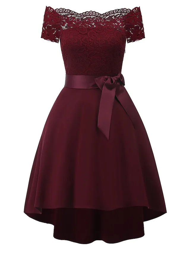 Women's Black Dress Party Dress Lace Dress Knee Length Dress White Pink Wine Short Sleeve Pure Color Lace Summer Spring Fall Off Shoulder Elegant Party Wedding Guest Birthday 2022 S M L XL XXL