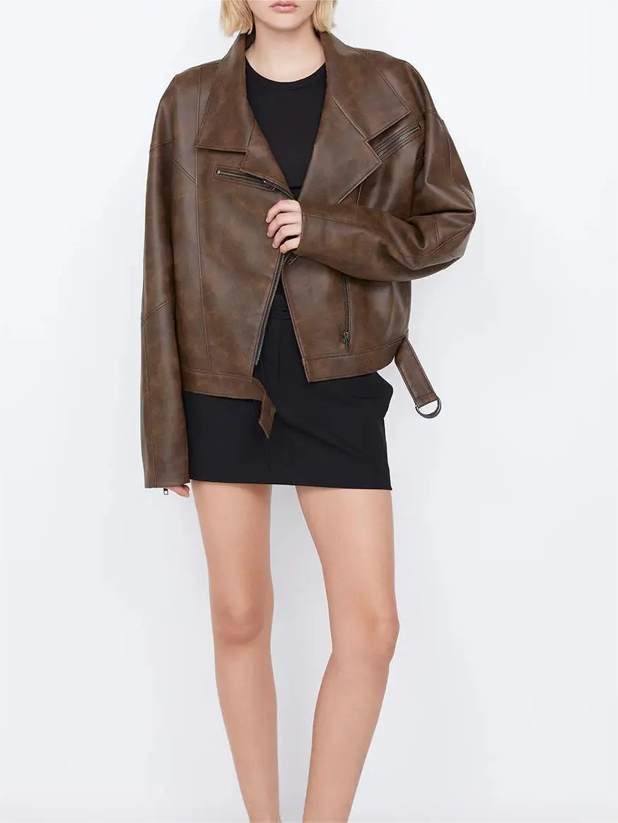 Brown Leather Lapel Biker Jacket