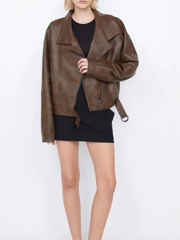 Brown Leather Lapel Biker Jacket