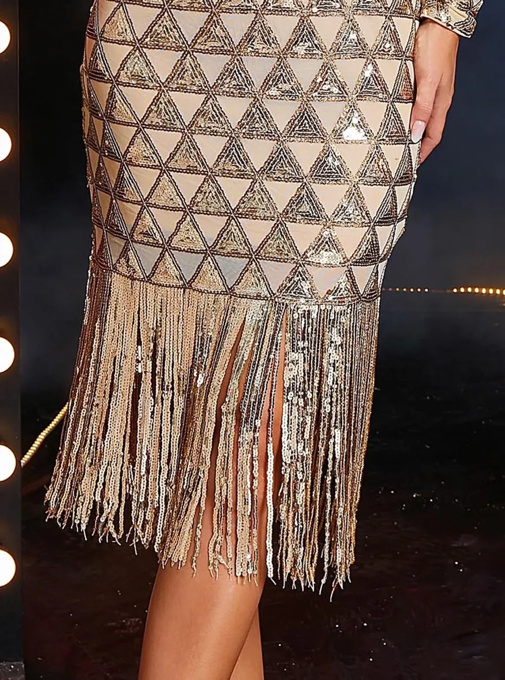 V-neck Fringed Geometric Gold Sequin Cocktail Dress