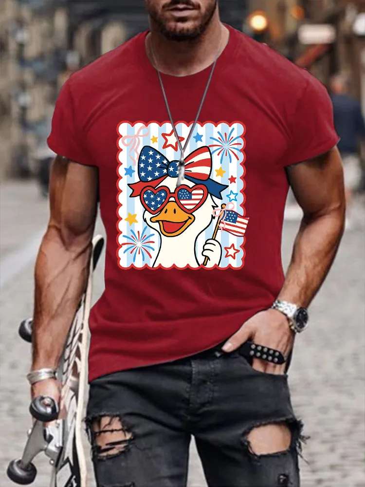 Men'S Independence Day Big White Goose Bow National Flag Round-Neck Short-Sleeved T-Shirt