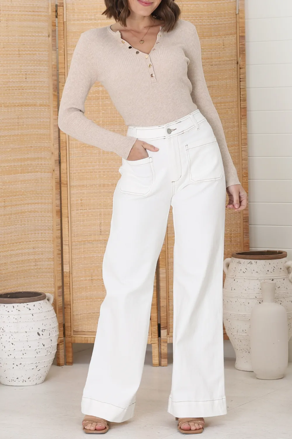 White High Rise Straight Leg Denim Pants