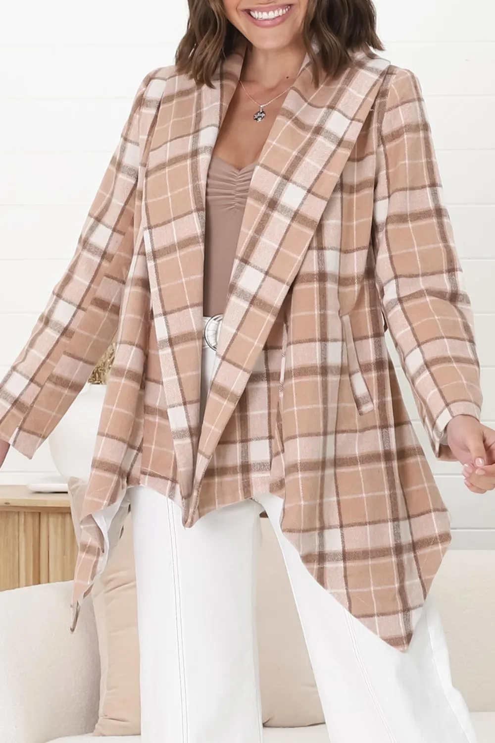 Beige Plaid Belted Wrap Jacket